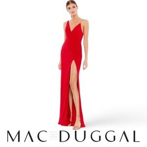 Mac Duggal Asymmetrical Pearl Strap V-Neck Gown, 26532, Red, Size 4, $338